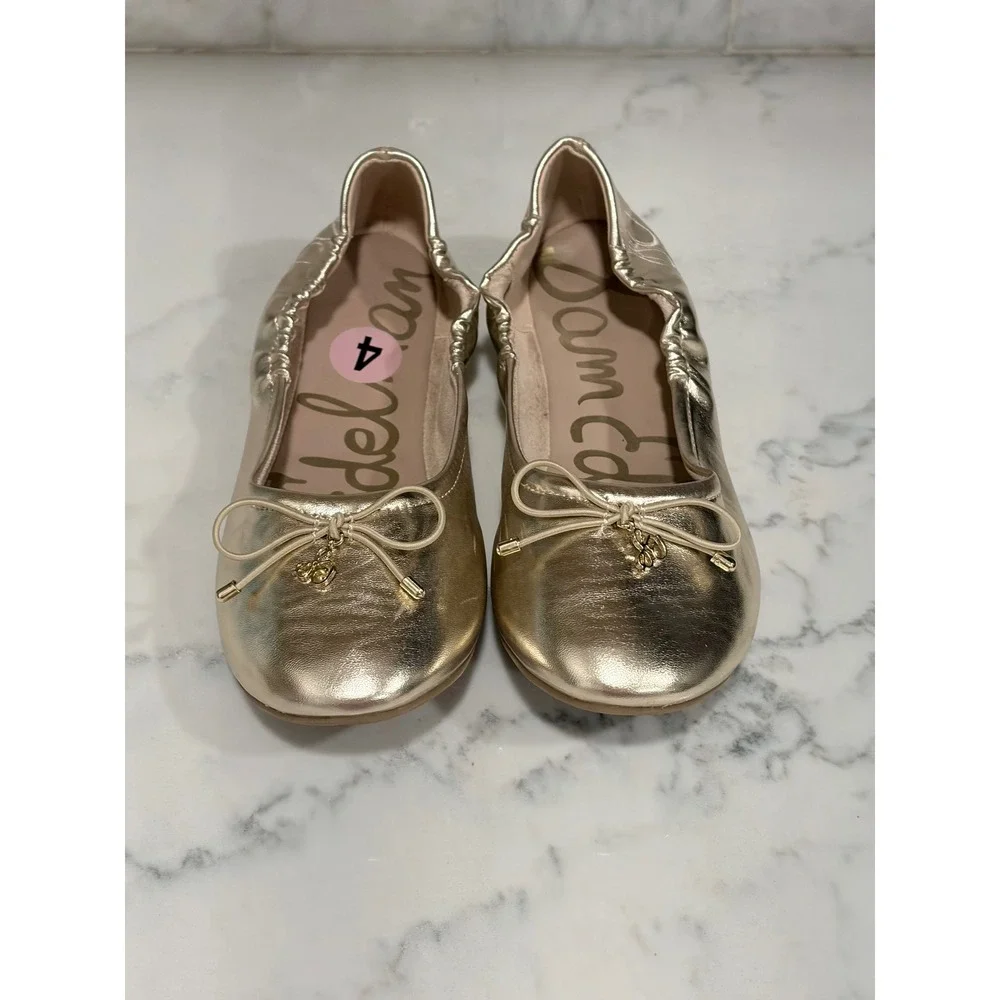 Sam Edelman Kids Felicia Metallic Gold Ballet Flats Bow Logo Charm Size 4